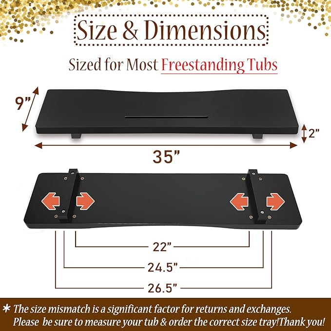 Stylish Black Bamboo Bathtub Tray Caddy with Adjustable Legs, Minimalistic Design Bath Tray for Tub, Bathtub Accessories, Fits Most Free Standing Bath Tubs, Idea for Women - Bloomnest