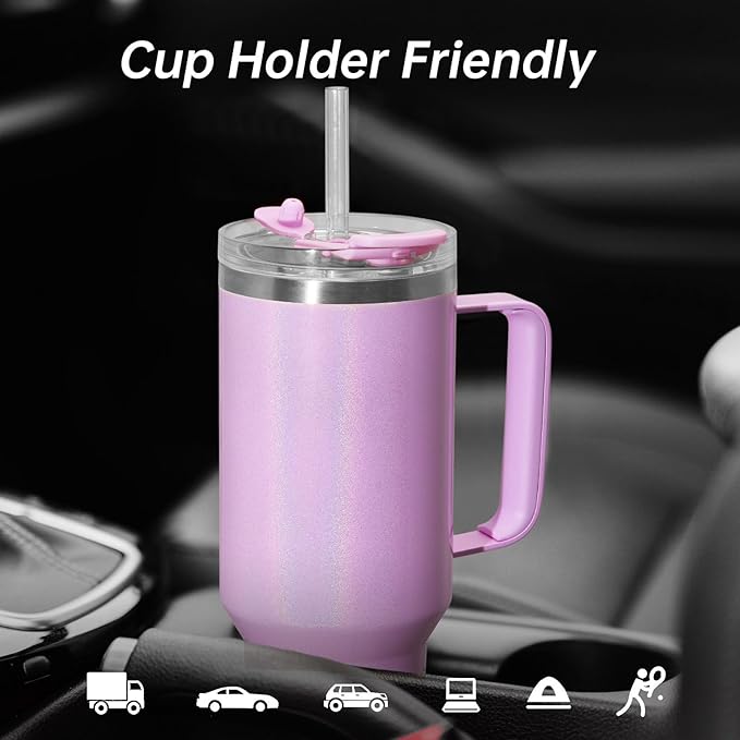 COKTIK 40 oz Tumbler With Handle and Straw Lid, Vacuum Insulated Travel Coffee Mug Stainless Steel Insulated Cup for Beverages, Leak-proof, Cupholder Friendly (Lavender Shimmer) - Bloomnest