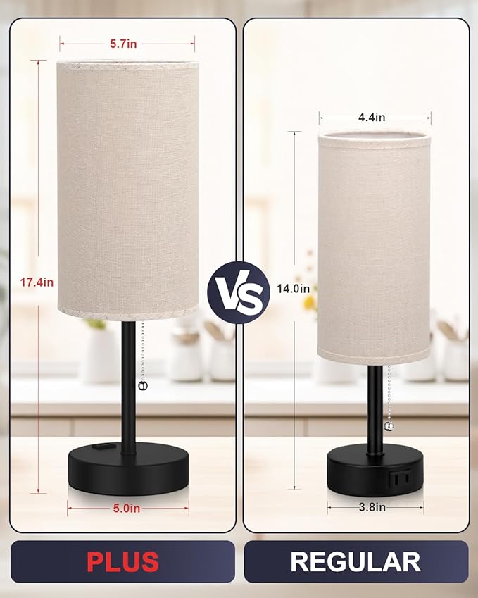 Fenmzee Plus Beige Bedside Table Lamps Set of 2-3 Color Temperatures Pull Chain Lamp with AC Outlet Charging Port, Two Round Night Stand Lamps for Bedroom Guest Room Office, Bed Side Light - Bloomnest
