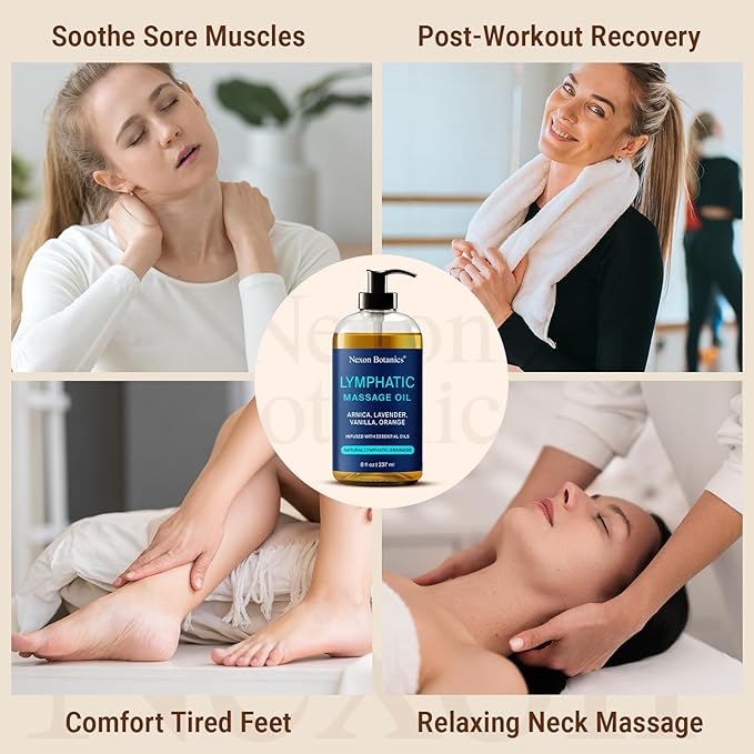 Lymphatic Drainage Massage Oil for Massage Therapy 8 fl oz - Refreshing and Relaxing - Natural Oils with Arnica, Vanilla and Lavender Oil - for Men and Women - Nexon Botanics - Bloomnest