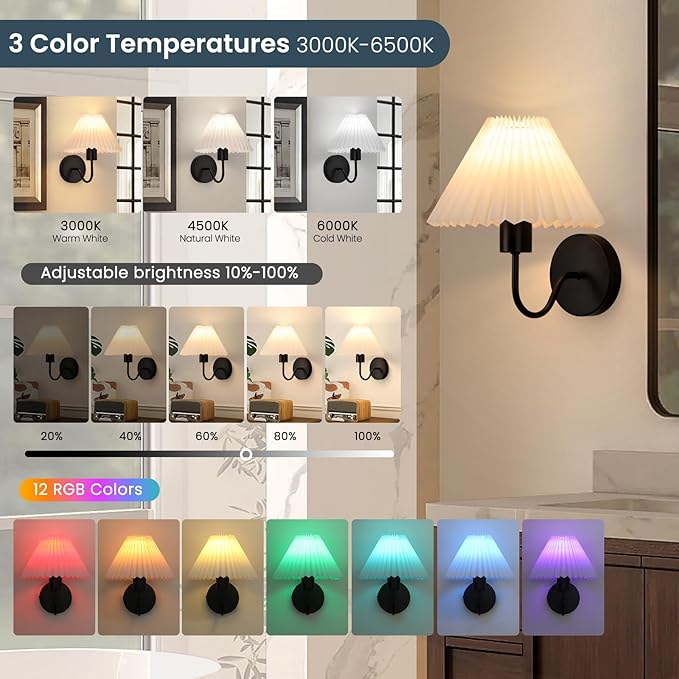 Rechargeable Battery Operated Wall Sconce Sets of 2, 15 Colors Wireless gooseneck Black Wall Lights Fixture with Dimmable Bulbs and Remote, Not Hardwired Wall Mounted Lamps for Bedroom Living Room - Bloomnest