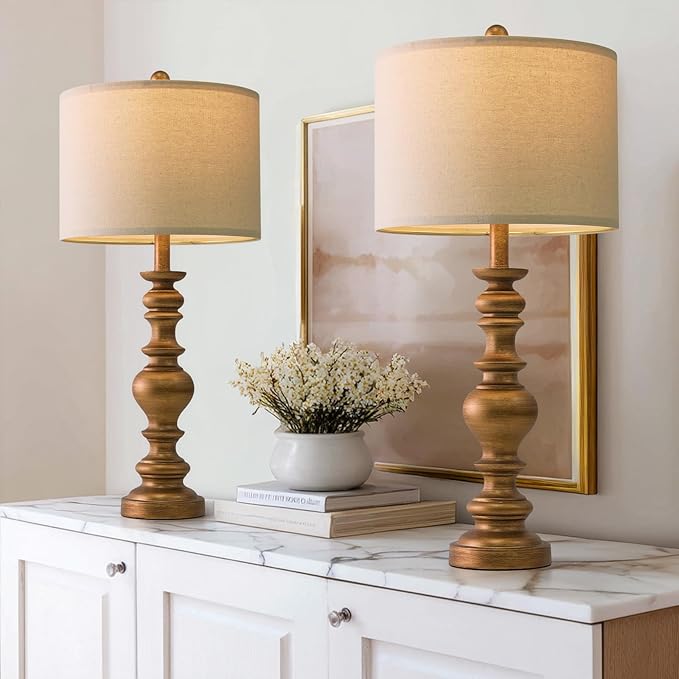 BOBOMOMO 27" Antique Gold Table Lamps Set of 2, Elegant Large Resin Lamps with Linen Shades, Gold Traditional Lamps for Bedroom, Living Room, or Console Table, Classic Vintage Décor - Bloomnest