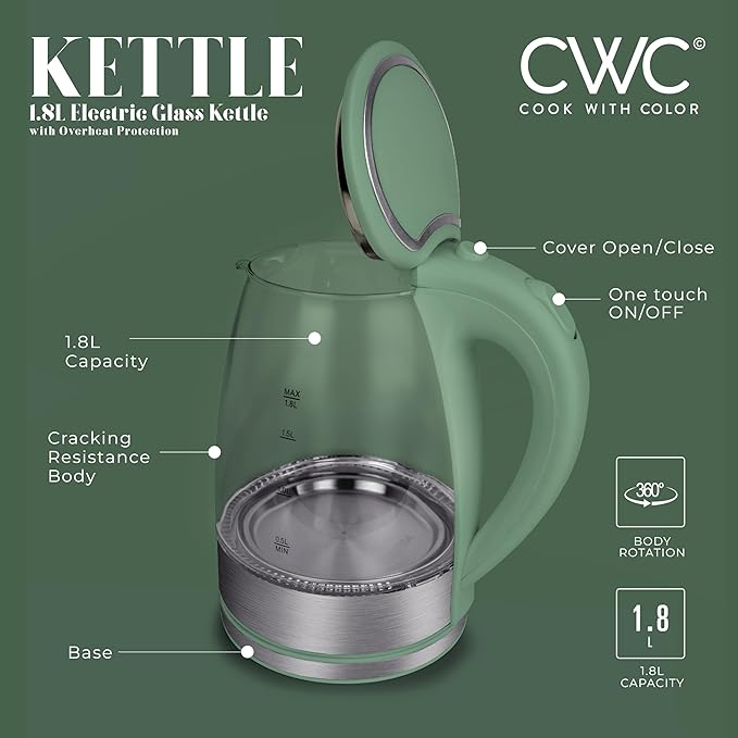 COOK WITH COLOR Electric Tea Kettle, 1.8L Cordless Hot Water Boiler, 1200W Rapid Boil, Auto Shutoff & Boil Dry Protection, BPA-Free, Sleek Countertop Design, Green - Bloomnest