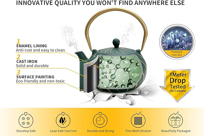TOPTIER Japanese Cast Iron Teapot with Infuser, Stovetop Safe Teakettle, Wave Design, Enameled Interior, 30 oz (900 ml), Green - Bloomnest