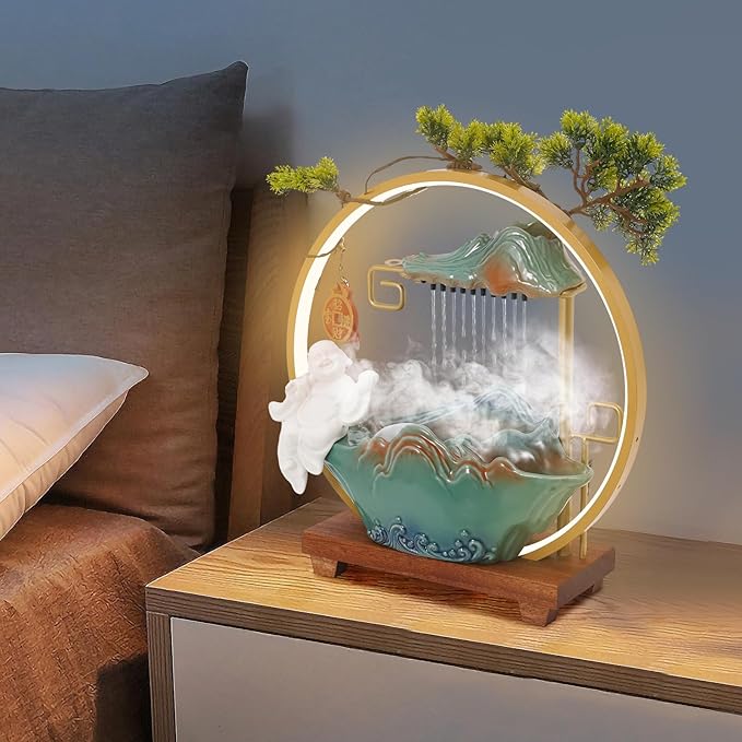 Tabletop Water Fountains, Indoor Water Fall with LED Light Zen Decor for Meditation with Mist, Japanese Decor with Fake Plants Feng Shui Decor for Good Luck Wealth - Bloomnest