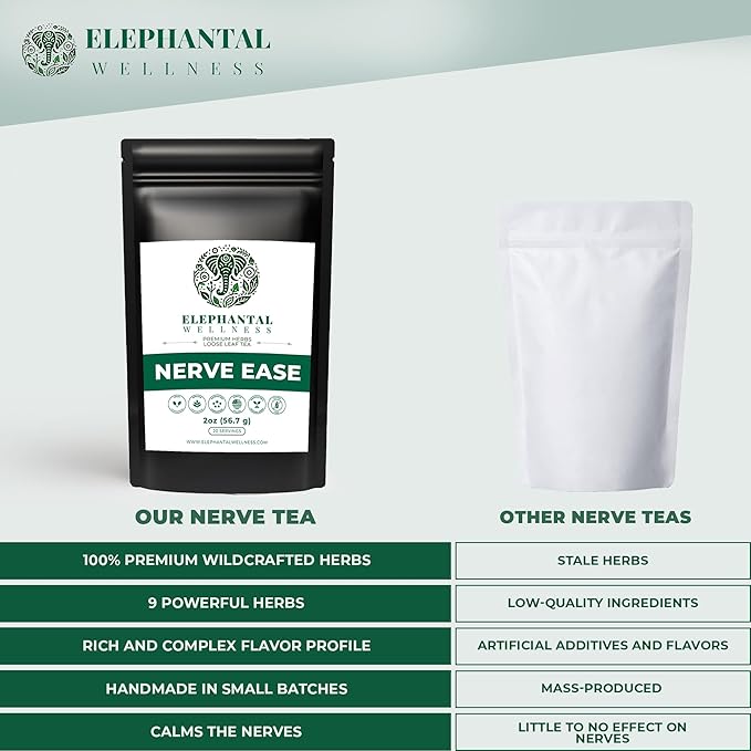 Elephantal Wellness Nerve Ease Herbal Tea | Calming Nervous System Support with Chamomile Tea, Passionflower, Lemon Balm Tea, Valerian & St. John’s Wort | Loose Leaf, Caffeine-Free, 2oz, 20 Servings - Bloomnest