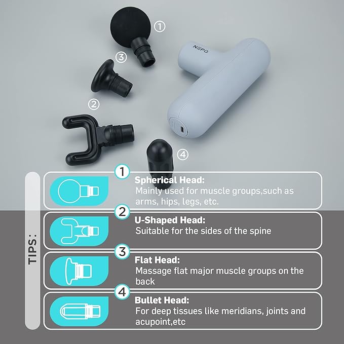 Mini Massage Gun, SK6 Fascial Gun Portable Deep Tissue Percussion Muscle Back Head Massager for Pain Relief with 4 Massage Heads 4 Speed High-Intensity Vibration Rechargeable (Gray) - Bloomnest