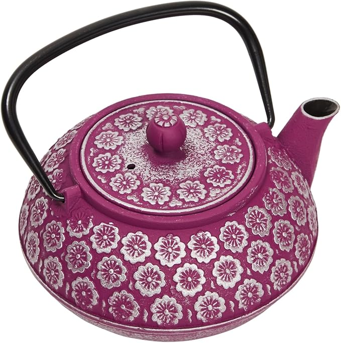 Purple Floral Cast Iron Teapot Kettle with Stainless Steel Loose Leaf Infuser (34 oz) - Cast Iron Tea Kettle - Tea Infuser Pot