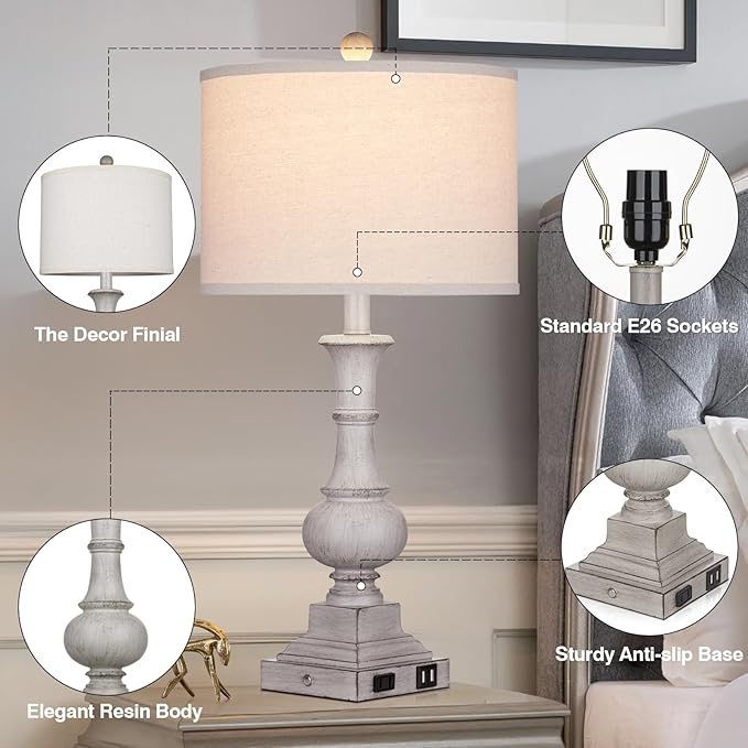 26" Farmhouse Table Lamps Set of 2, Rustic Touch Control Bedside Lamps with 2 USB Ports & AC Outlet, Vintage Resin 3-Way Dimmable Nightstand Lamp Linen Fabric Shade for Living Room Bedroom Decor Gray - Bloomnest