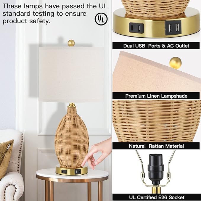 Touch Control Rattan Table Lamps, 3 Way Dimmable Bedside Lamps for Bedroom Set of 2 with 2 USB Ports and AC Outlet, Gold Wicker Nightstand Lamps for Living Room Office (LED Bulbs Included) - Bloomnest