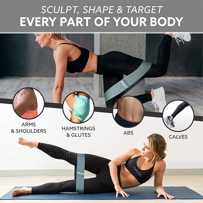 3DActive Fabric Resistance Bands for Legs & Butt. Wide Non-Slip Hip Band Set for Home & Gym Workouts. Exercise Guide & Carry Bag Included. - Bloomnest