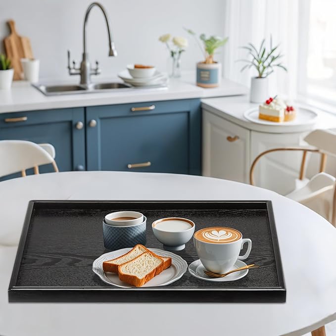 28 x 18 Inches Extra Large Solid Wood Serving Tray for Tea Coffee Table Snack Food Meals Serving Plate Kitchen Party Bar Breakfast Server with Raised Edges Black Wooden Decorative Ottoman Tray - Bloomnest