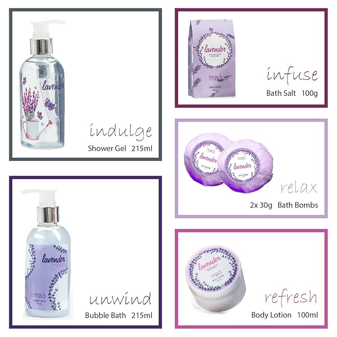 Aromatherapy Essentials Valentines Spa Set for Women in Large Silver Tub Bath Set Includes 2 Bath Bombs, Body Lotion, Bath Salts, Shower Gel, and Bubble Bath (Lavender) - Bloomnest