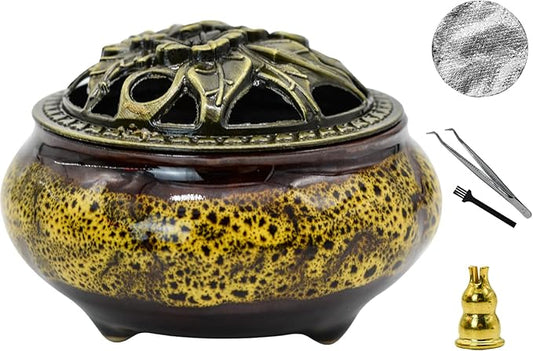 MrMrKura Ceramic Incense Burner with Lid, Incense Holder for Sticks Incense Cone Holder with Brass Incense Stick Holder for Yoga Meditation Home Decor (Fambe Yellow) - Bloomnest