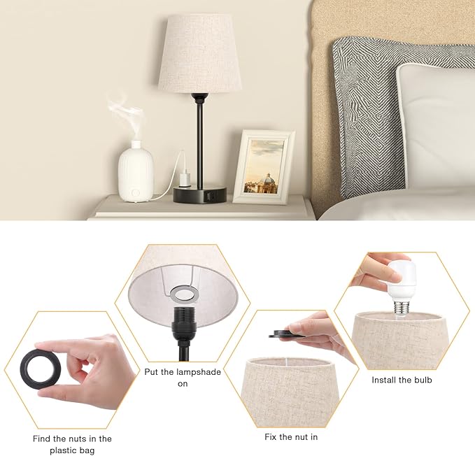 Mini Bedside Lamps for Bedrooms Set of 2 - Nightstand Bedroom Lamps with USB C Port and AC Outlet Charging, Dimmable Touch Small Bed Side Table Lamp, Black Night Stand Light for Kids/Guest Room - Bloomnest