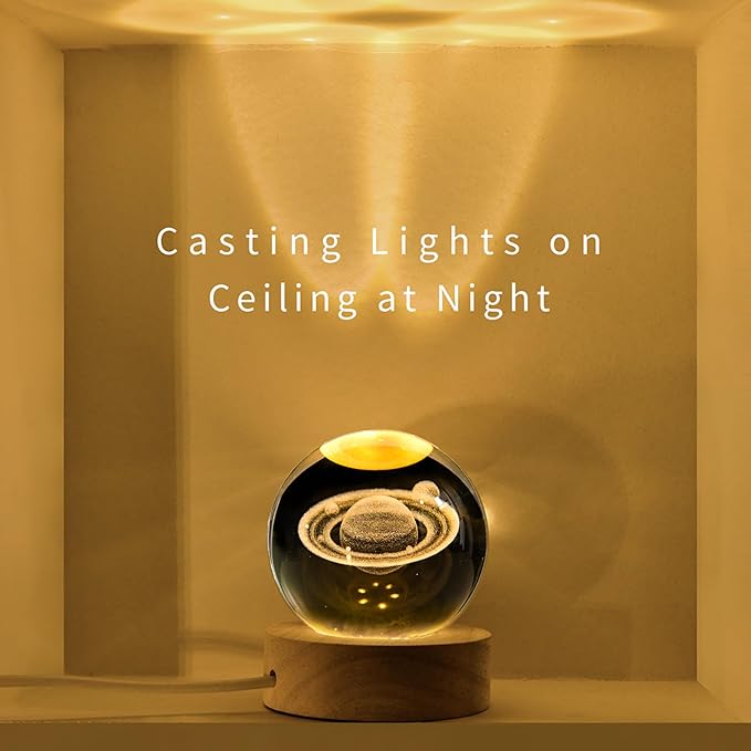 3D Saturn Crystal Ball with LED Stand, 60mm Glass Sphere Decorative Balls Lamp, Space Planet Model Galaxy Night Light Gifts for Women Kids - Bloomnest