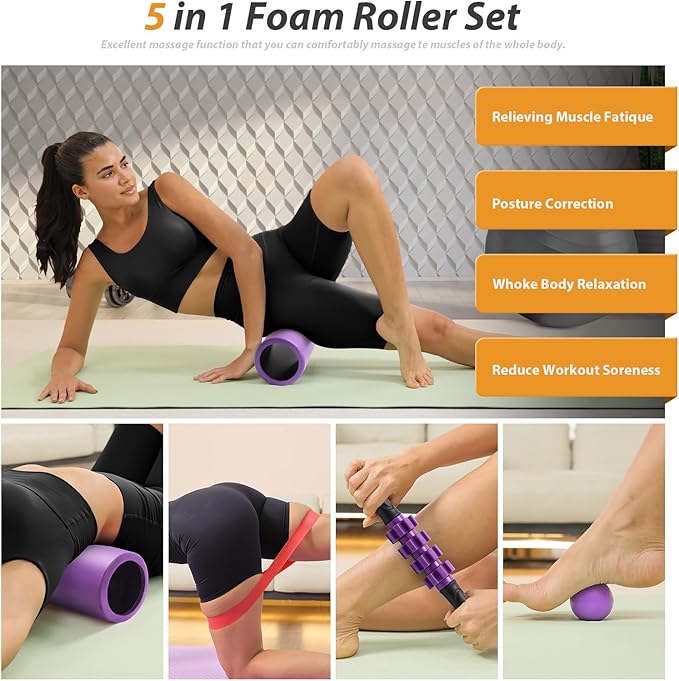 5 in 1 Foam Roller Set - Trigger Point Foam Back Roller, Muscle Roller Stick, Massage Ball, Stretching Band for Deep Muscle Massage Pilates Yoga,Fitness Exercise for Whole Body Release (Purple) - Bloomnest