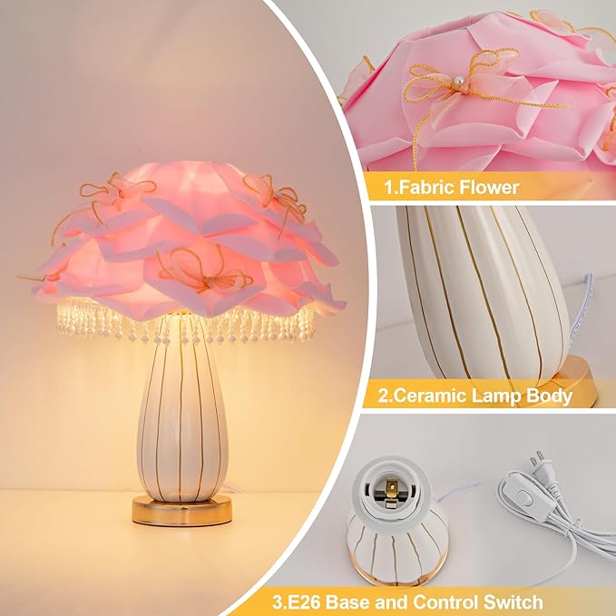 Pink Girls Table Lamp Romantic Bouquet Bedside Lamp Cute Nightstand Light Nordic Table Lamp for Bedroom Living Room Entry Office Study Room Kid Room Valentines Dating Wedding Decor - Bloomnest