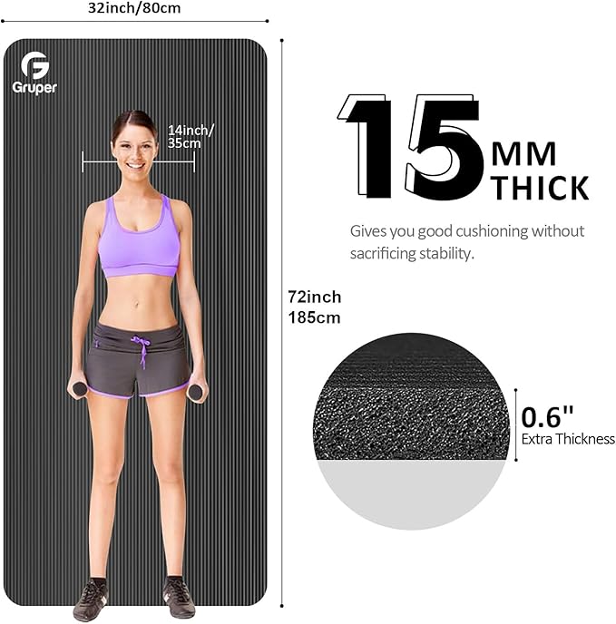 Yoga Mat Non Slip NBR Thick Yoga Mat, 72"L x 32"/24"W x 0.6"/0.4"TH (185cm x 80cm/61cm x 15mm/10mm), Anti-Tear Exercise Mat with Carrying Strap and Bag, Workout Mats for Yoga, Pilates, Floor Exercises - Bloomnest