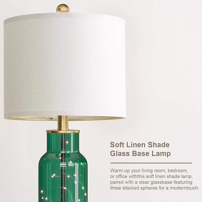 Oneach 22" Glass Table Lamps Set of 2, Green Modern Bedside Lamp with LED Night Light for Living Room, Nightstand Lamp with USB Ports for Bedrooms, Study Room, End Table(2 Bulbs Included) - Bloomnest