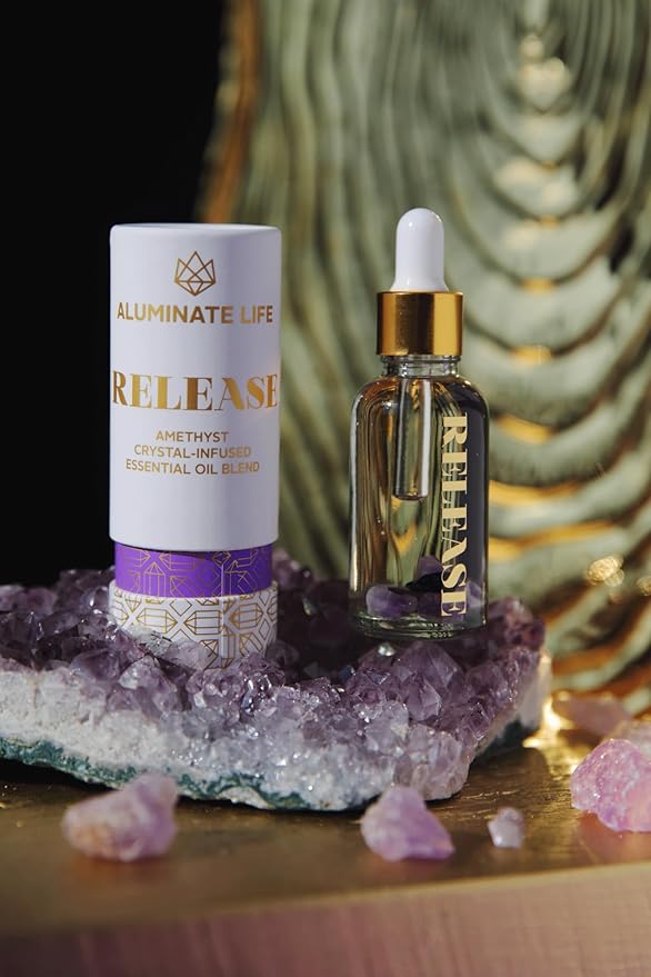 Crystal Infused Essential Oil Vial, 1 Oz, Release - Amethyst Crystal Infused - Scents of Lavender, Bergamot, & Frankincense - Aromatherapy Oils, Massage, Stress Relief