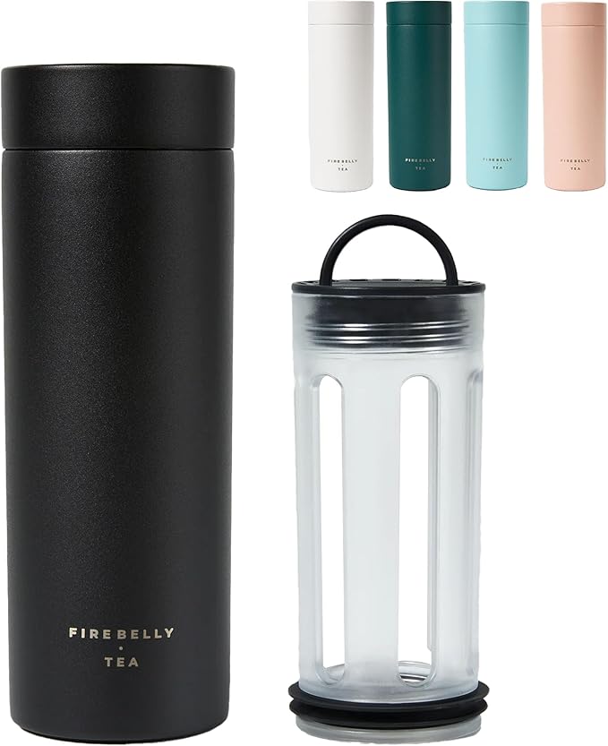Firebelly Tea, Travel Tea Infuser Mug with Strainer, Insulated Tumbler for Loose Leaf Tea or Coffee, Leakproof Bottle for Hot or Iced Drinks, Stainless Steel Thermos with Lid, Noir - Bloomnest