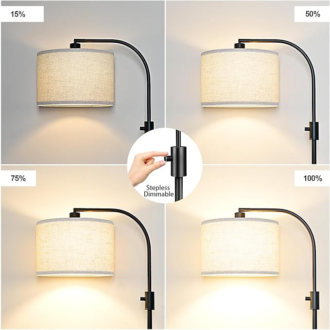 [Upgraded] Dimmable Black Floor Lamp, 1200 Lumens LED Edison Bulb Included, Arc Floor Lamp for Living Room Modern Standing Tall Floor Lamps with Linen Shade for Bedroom Office Reading Room Nursery - Bloomnest