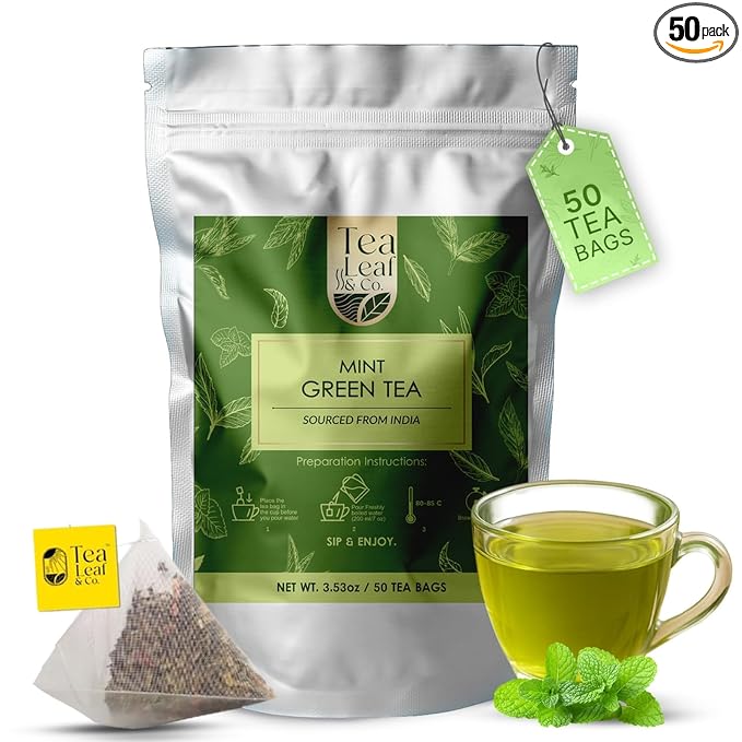 Tea Leaf & Co. Mint Green Tea Bags (50), Green Tea w/ Peppermint & Spearmint, Caffeinated, Real & Natural Green Tea, Blended with Fresh Herbs & Spices - Bloomnest