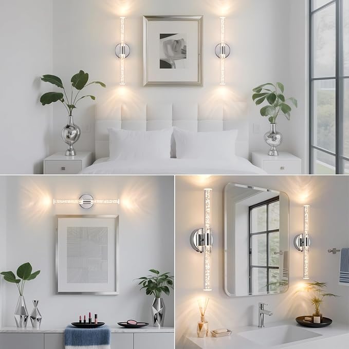 Silver Wall Light LED Battery Operated Wall Sconces(2 Pack), 20-Inch Dimmable Crystal Wall Sconce, Rechargeable Chrome Bubble Wall Lights, Wireless Wall Lamp for Bedroom, Living Room - Bloomnest