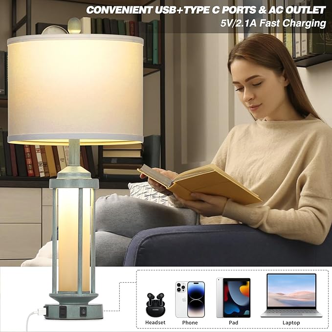 Farmhouse Table Lamps for Living Room, 27" Vintage Rustic Beside Lamp Set of 2 with USB A+C Charging Ports & AC Outlet, Retro Nightstand Lamp with Fabric Shade for Bedroom Entryway(4 Bulbs Included) - Bloomnest