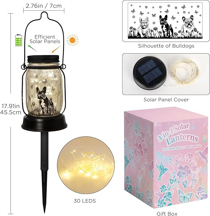 French Bulldog Frenchie Gifts for Women/Men French Bulldog Solar Lanterns Dog Mom Birthday Dog Lovers Lantern Pet Loss Pet Memorial Lights Solar Garden Decoration Yard, Patio,Backyard,Porch Torches - Bloomnest