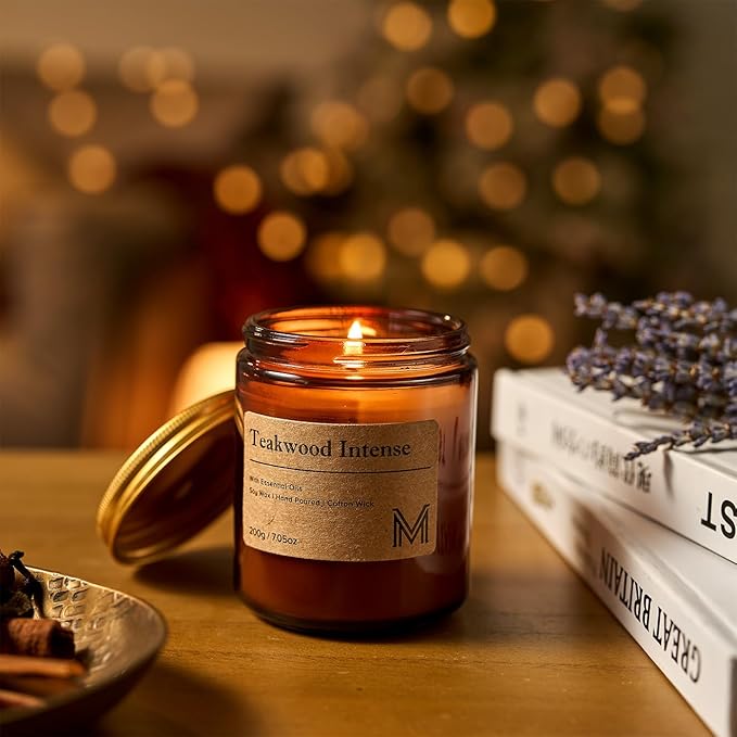 M&SENSE Teakwood Intense Candles for Home Scented Aromatherapy Candle Gift Set for Women and Men,7.05oz Soy Wax Long Lasting Amber Jar Candles Gift for Birthday Housewarming Mother's Valentine Day - Bloomnest