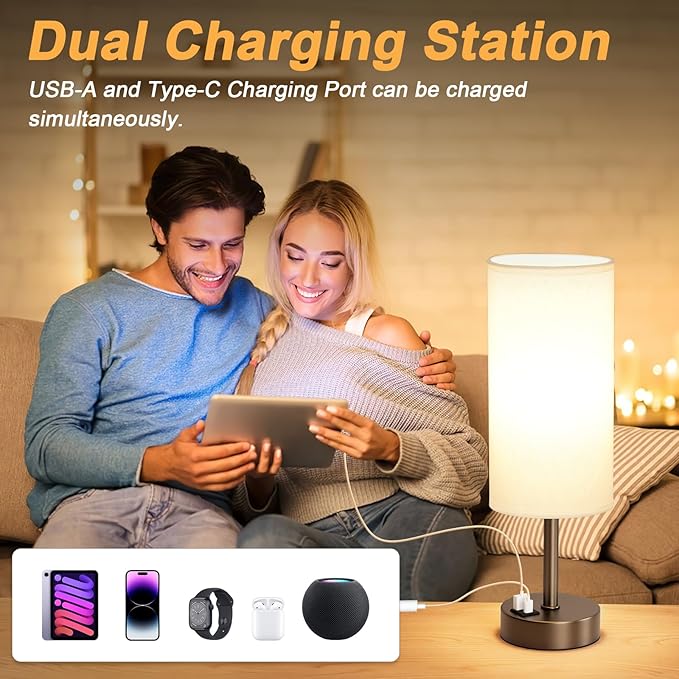 Bedside Touch Table Lamps for Bedroom Nightstand with USB-C USB-A Charging Ports, White & Brown 3 Way Dimmable Small Desk Lamp for Office, Living Room, Reading, Dorm - Bloomnest