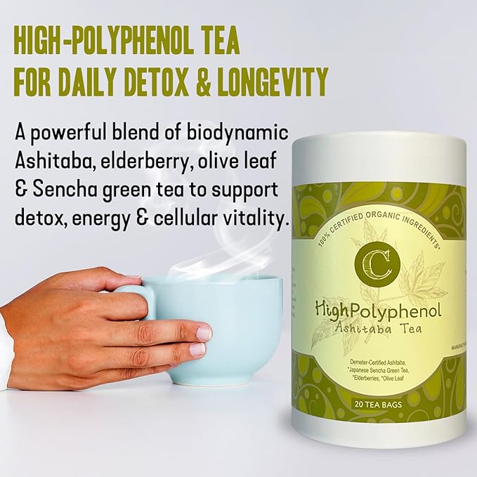 High‑Polyphenol Ashitaba Tea Blend – Demeter Certified Biodynamic U.S. Organic Ashitaba,Sencha Green Tea, with Elderberry & Olive Leaf – 20 Compostable Bags – Perfect for Detox, Metabolic Support - Bloomnest
