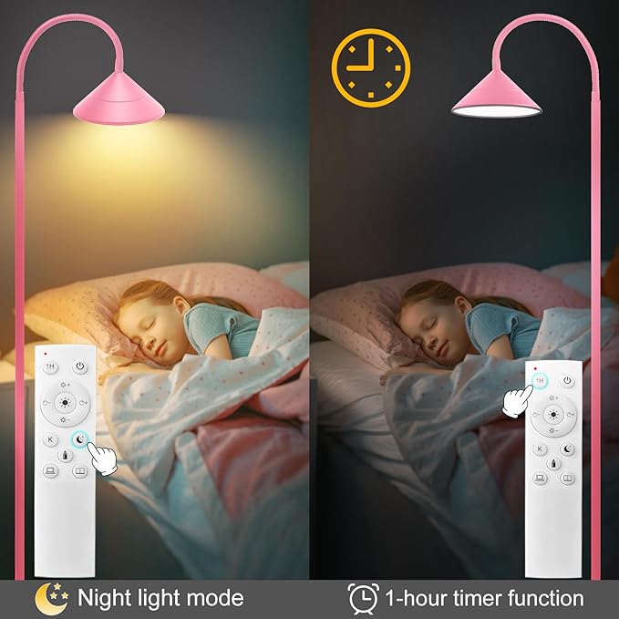 Floor Lamp, 18W Upgraded Bright LED Floor Lamps for Living Room Bedroom with Gooseneck Stepless Dimming & Color 76inch Tall Standing Lamp with Remote & Touch Control Work with Smart Plug (Pink) - Bloomnest