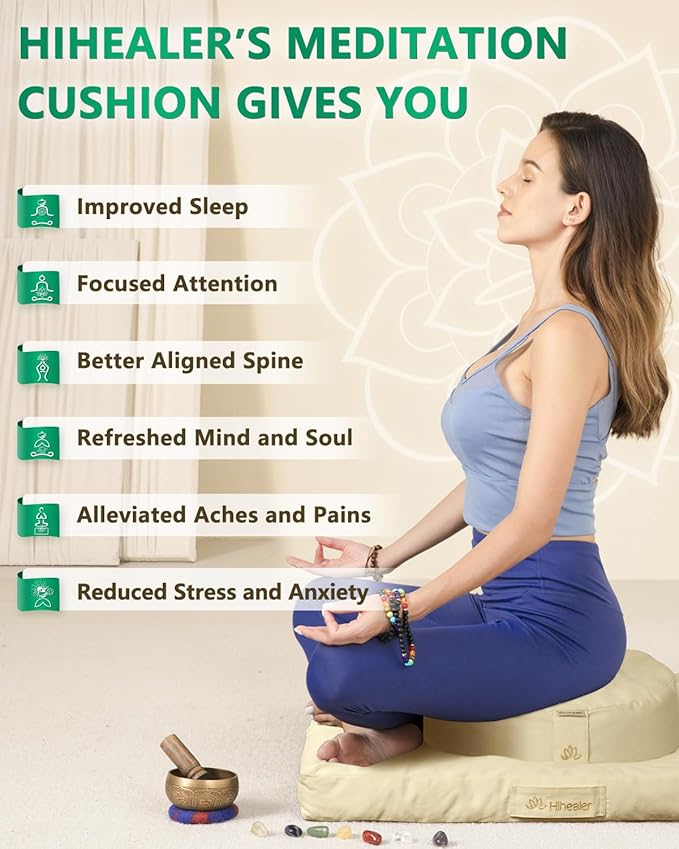 Hihealer Meditation Cushion Set Large Velvet Floor Pillow & Traditional Tibetan Yoga Bolster for Adults Zafu Meditation Mat with Buckwheat Filling (Cream) - Bloomnest