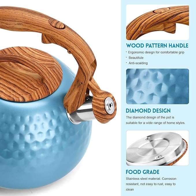 GGC Tea Kettle for Stove Top, Loud Whistling Kettle for Boiling Water Coffee or Milk, 3.1 Quart 3L Heavy Stainless Steel Blue Kettle with Wood Pattern Handle, Unique Button Control Kettle Outlet - Bloomnest