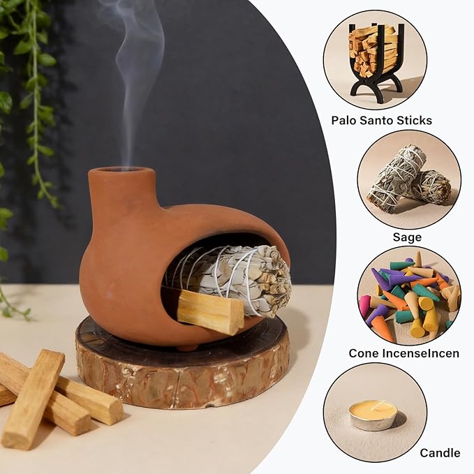 Handmade Terracotta Orange-red Palo Santo Holder - Mini Chiminea Incense Burner Chimney for Palo Santo Sticks, Sage & Cones - Smudge Bowl for Energy Cleansing,Meditation & Aromatherapy Gifts