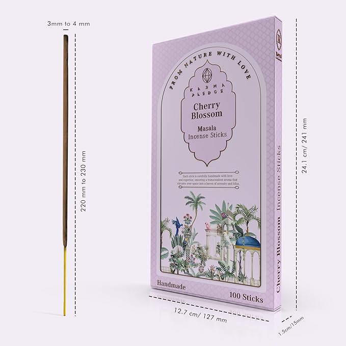 Incense Sticks, Cherry Blossom Incense, Pack of 100 Stick, Hand Rolled Aromatic Masala Made with Natural Ingredients, 45-60 Minute Burn Time, Best for Home Fragrance, Meditation, Yoga, Relaxation KARMAPLEDGE
