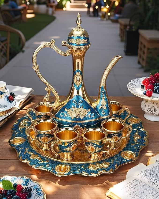 Large Vintage Turkish Coffee Pot Set Coffee Service Set Teapot Sets for Adults Home Party Decor Golden Blue