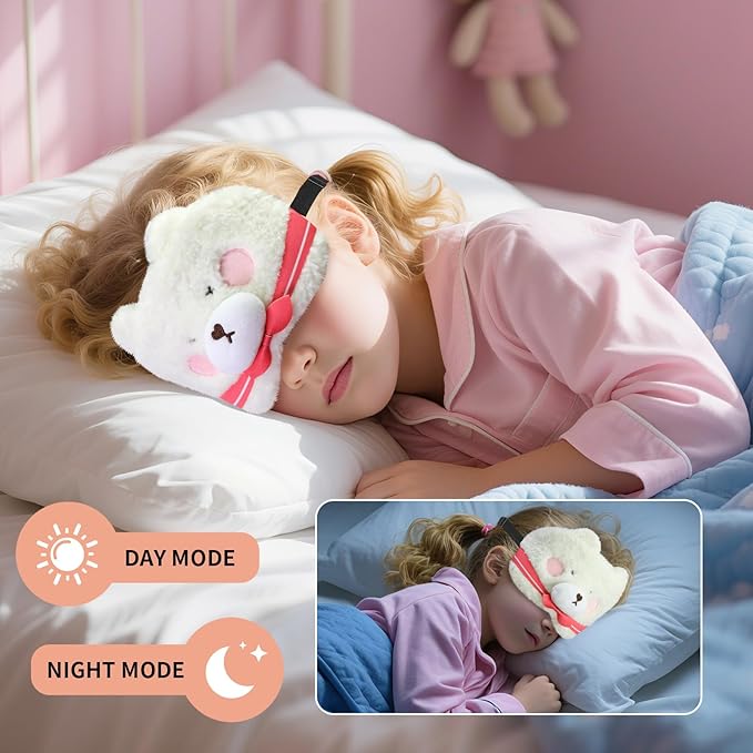 Cute Sleep Eye Masks for Kids, Kawaii Cartoon Kids Sleeping Mask for Women Boys Girls Teens, Soft Plush Adjustable Eyeshade Silk Travel Nap Eye Cover, Pink Bear - Bloomnest