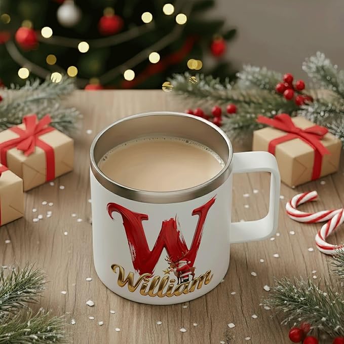 Personalized Christmas Insulated Coffee Mug with Handle – Letter [A] Double Wall Stainless Steel Travel Tumbler for Drinks – Unique Holiday Gift for Men, Women, & Kids(B122) - Bloomnest