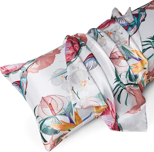 MR&HM Satin Body Pillow Cover, Soft and Breathable Body Pillow Case with Envelope Closure, Cooling and Silky Long Pillowcase for Hair and Skin,Grey (20x54, Floral Bird) - Bloomnest
