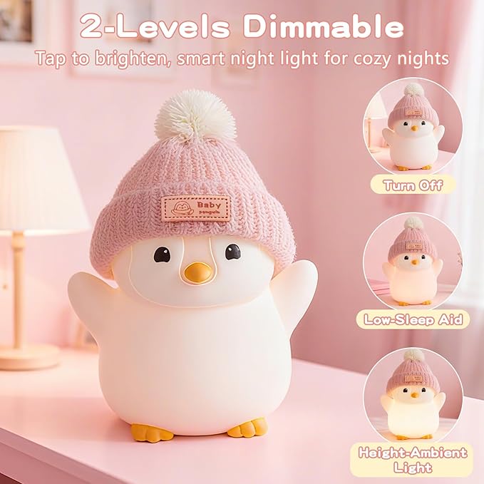 Penguin Night Light, Cute Pink Penguin Lamp with Knit Hat, Soft Silicone Nursery Nightlight for Baby, Rechargeable/Dimmable/Timer,LED Squishy Novelty Animal Bedside Lamp,Funny Gifts for Kids - Bloomnest