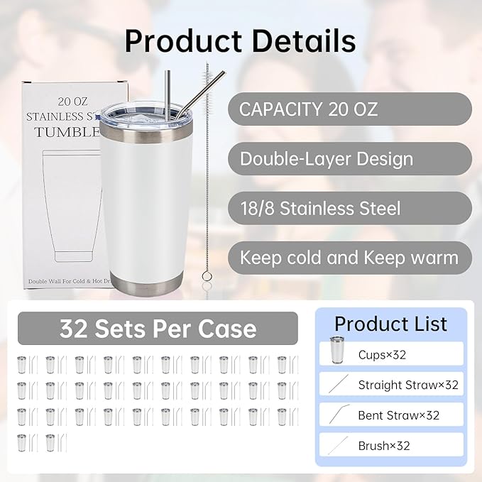 IEOVIEE 32 Pack, 20oz Stainless Steel Bulk Tumblers with Lids and Straws, Double Wall Insulated Travel Mug, Durable Powder Coated Tumbler Bulk Cup for Cold and Hot Drinks(White) - Bloomnest