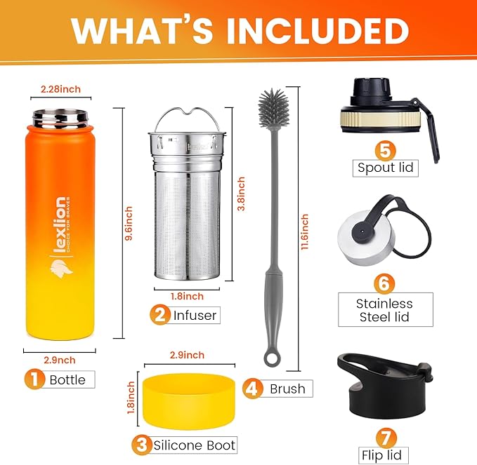 Lexlion Tea Infuser Water Bottle 22 Oz – Triple Wall Insulated Stainless Steel, Loose Leaf & Fruit Strainer, 3 Leakproof Lids, BPA-Free Silicone Sleeve, Reusable Thermal Mug - Bloomnest