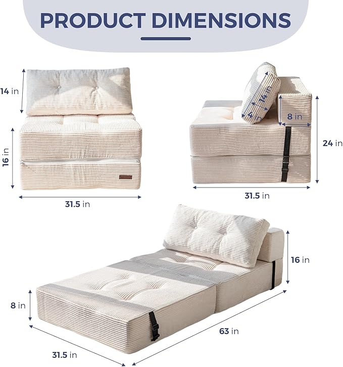 MAXYOYO Folding Sofa Bed, Convertible Sofa Bed with High-Density Support Foam, Portable 4 in 1 Fold Out Chair to Floor Lounger, Versatile Floor Couch for Living Room Bedroom, Beige - Bloomnest