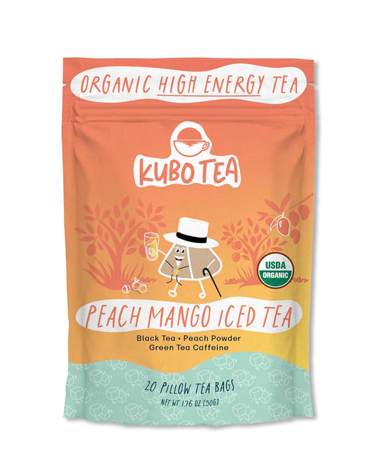Kubo Tea Peach Mango Black Iced Tea - Organic Pillow Tea Bags - High Caffeine Coffee Alternative w/ 20 Servings (155mg Caffeine each) - Premium Flavored Blend w/Compostable & Biodegradable Packaging