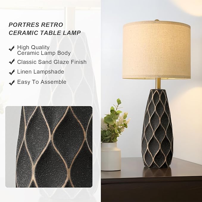 PORTRES 27.5" Ceramic Table Lamps for Bedroom Living Room Lamps Set of 2 Modern Bedside Nightstand Lamp Farmhouse Vintage Rustic Boho Retro Large Table Lamps Light Home Office Desk Deco Gifts, Black - Bloomnest
