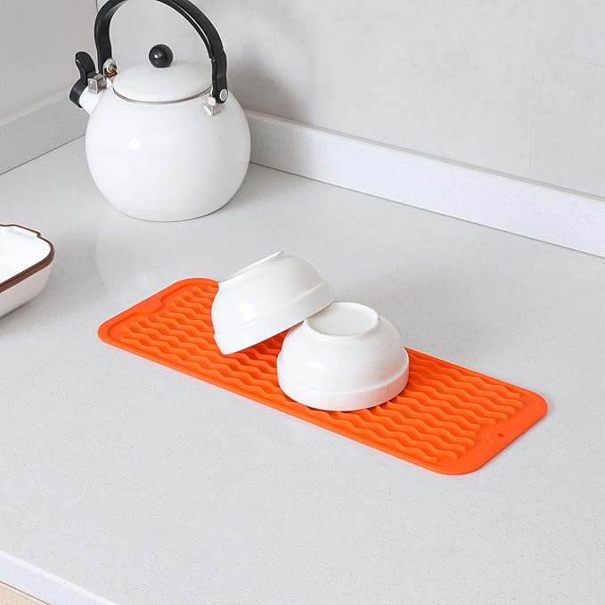 Silicone Dish Drying Mat for Multiple Usage,Easy clean,Eco-friendly,Heat-resistant Silicone Mat for Kitchen Counter,Sink,Bar,Bottle,or Cup Orange M 17 inches x 6 inches - Bloomnest